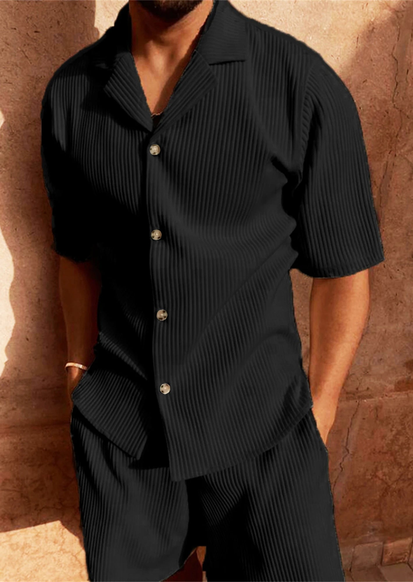 Eclano Men’s Corduroy Spring/Summer Set – Striped Short Sleeve Shirt & Shorts