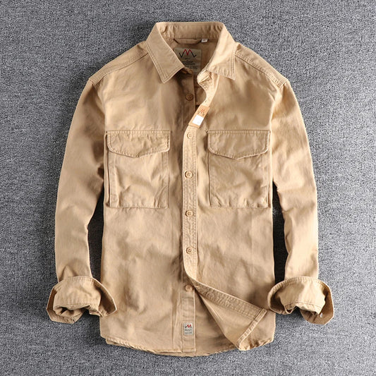 Eclano Men’s Autumn Retro Khaki Work Shirt – Long Sleeve with 3D Pocket