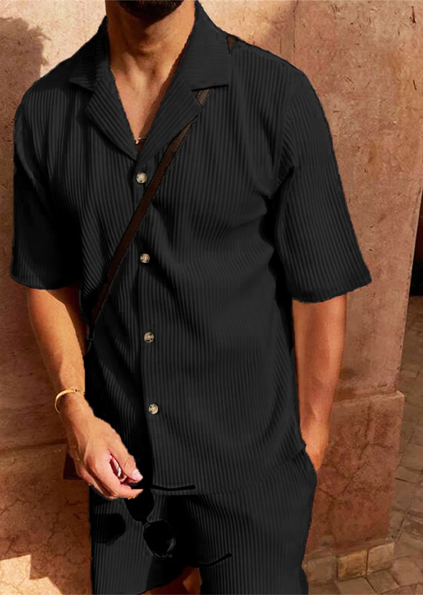 Eclano Men’s Corduroy Spring/Summer Set – Striped Short Sleeve Shirt & Shorts