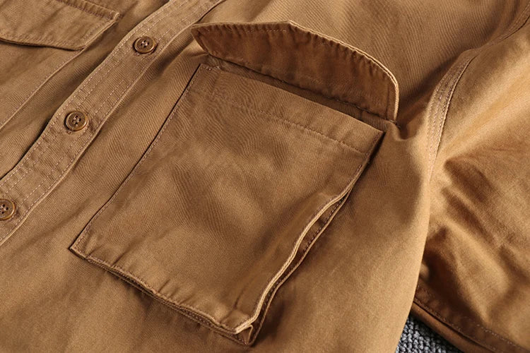 Eclano Men’s Autumn Retro Khaki Work Shirt – Long Sleeve with 3D Pocket