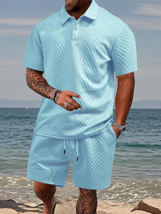 Eclano Men’s Jacquard Polo Set – Short Sleeve Polo Shirt with Lapel & Casual Shorts