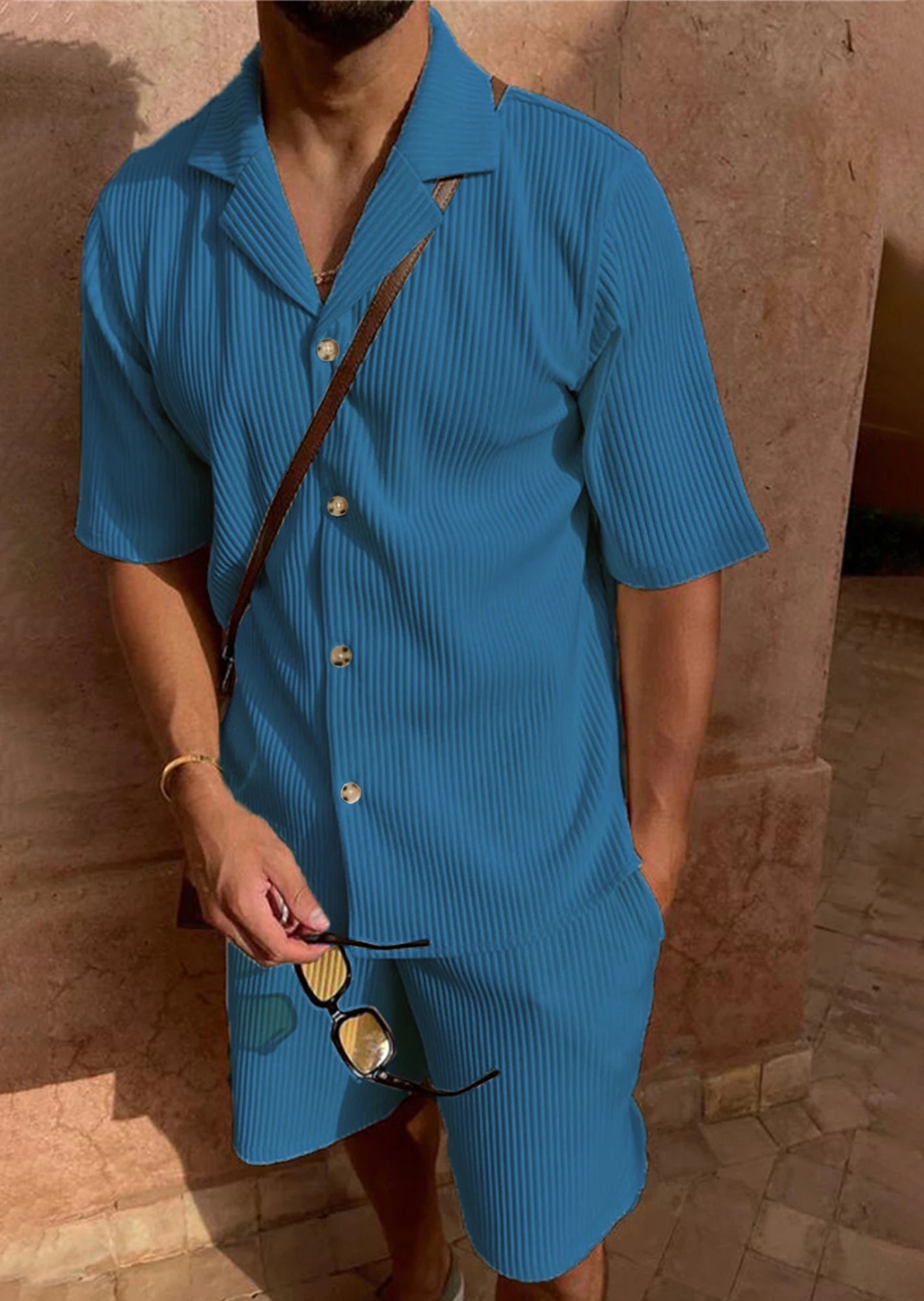 Eclano Men’s Corduroy Spring/Summer Set – Striped Short Sleeve Shirt & Shorts